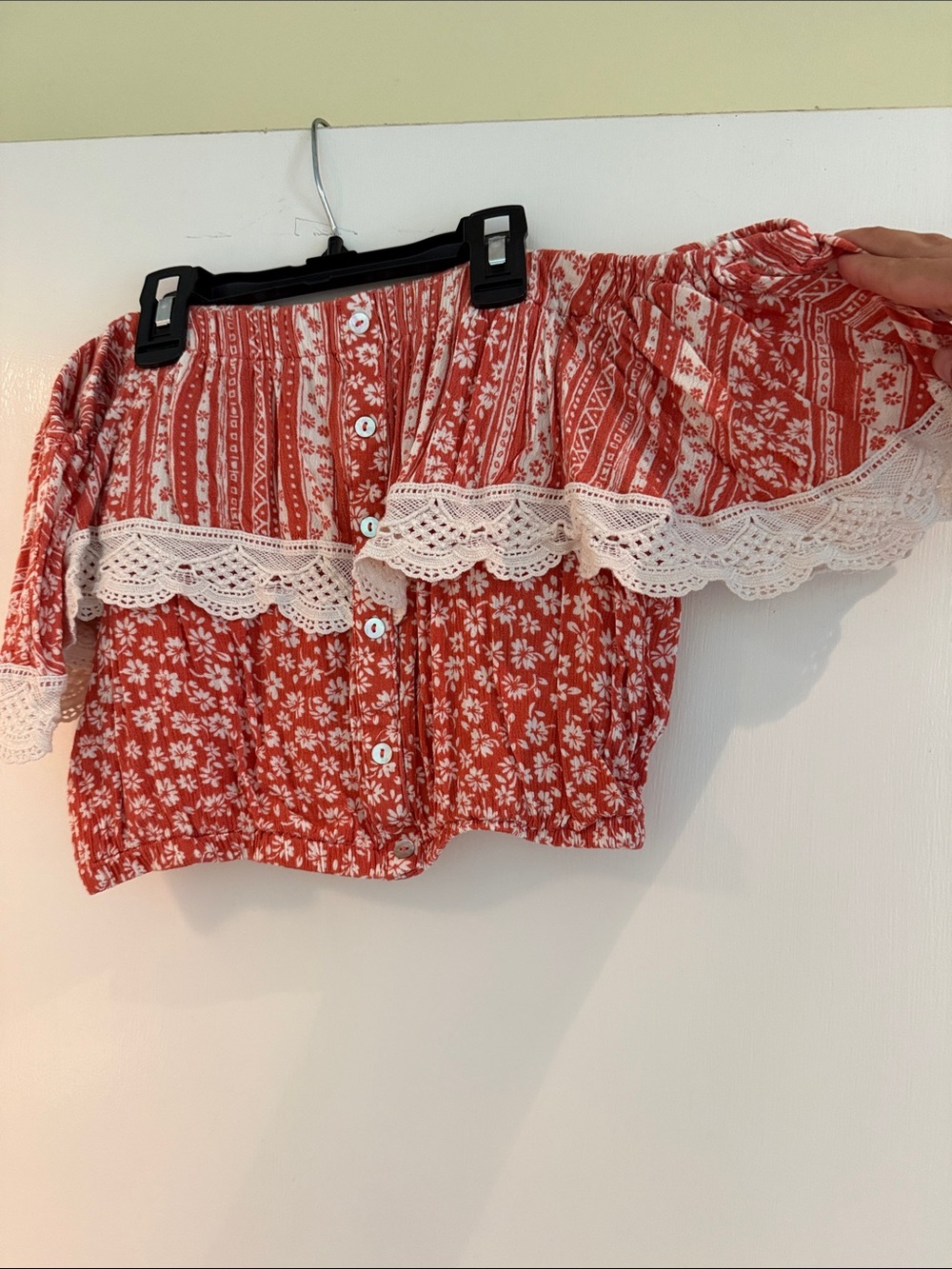 Lost + Wander Red and White Off‑Shoulder Crop Top with Lace Trim